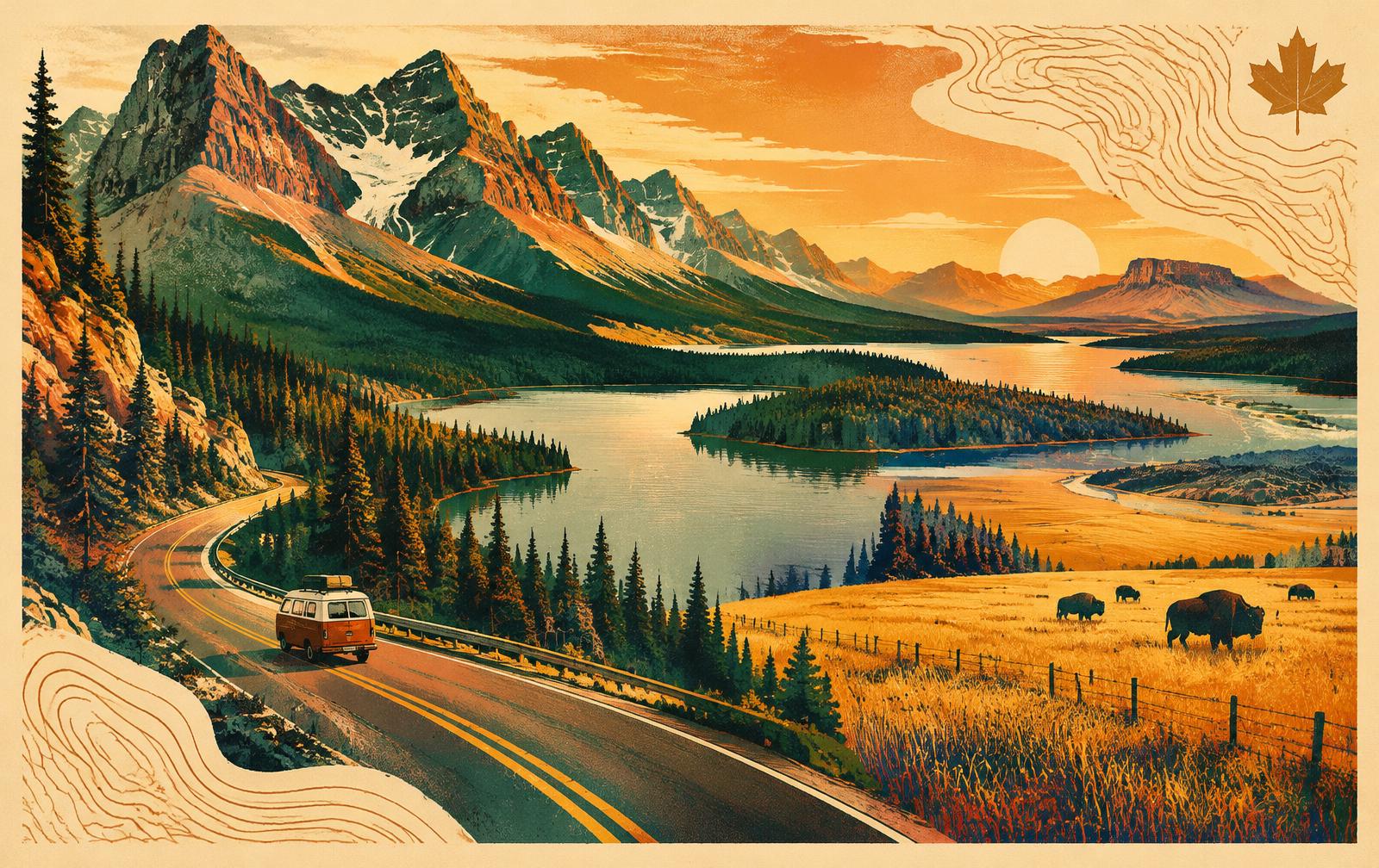 Illustrated road winding through the Canadian Rockies